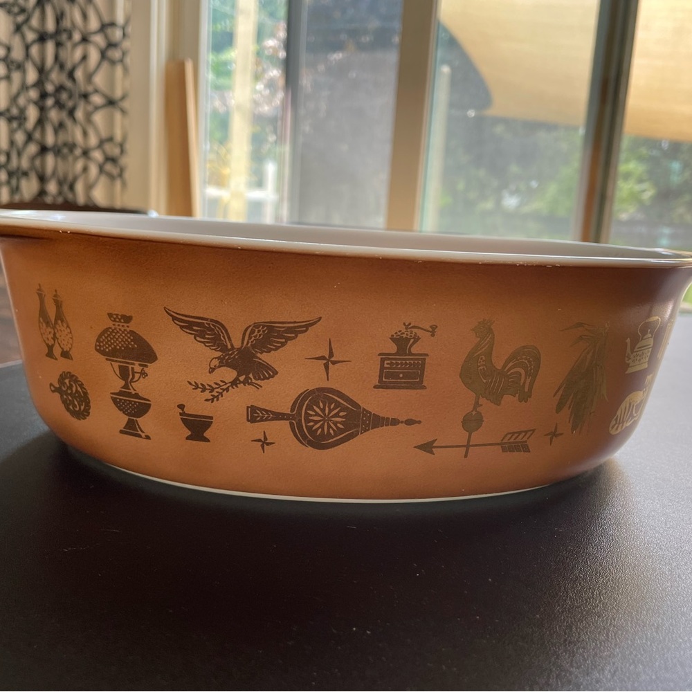 Pyrex Brown Bowl with Black Folk Art Design